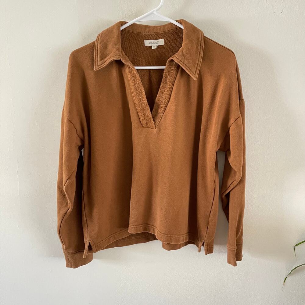 Madewell Cotton Hemp Polo Sweatshirt Womens XS Dried Acorn Brown Oversized ND842